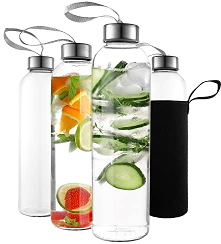 Kitchen Lux 18oz Glass Water Bottles – Pack of 4 Nylon Protective Sleeves, Airtight Screw Top Lids, Portable Carrying Loops - Lead, PVC and BPA Free - Water, Milk, Smoothie, Juice Beverage Glasses (4)
