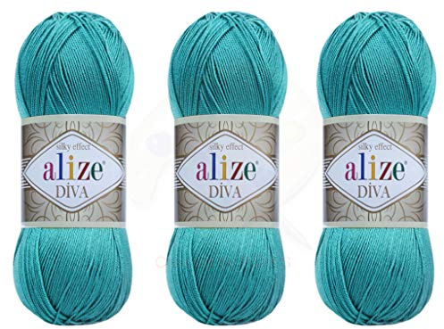 Hilo Alize Diva para tejer a mano, 100 % microfibra acrílica, hilo efecto seda, hilo de ganchillo para manualidades de encaje, lote de 3 madejas de 400 g, 1200 m (1314 yardas) Color (376 - Cian)