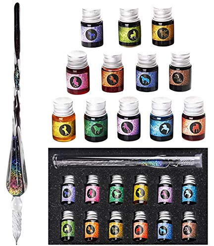 Akemaio Dip Vidrio Tinta de la Pluma de la caligrafía Conjunto Dip Plumas de Cristal Pluma de caligrafía y Tinta Conjunto con 12 tintas de Colores para el Arte de la Escritura Firmas