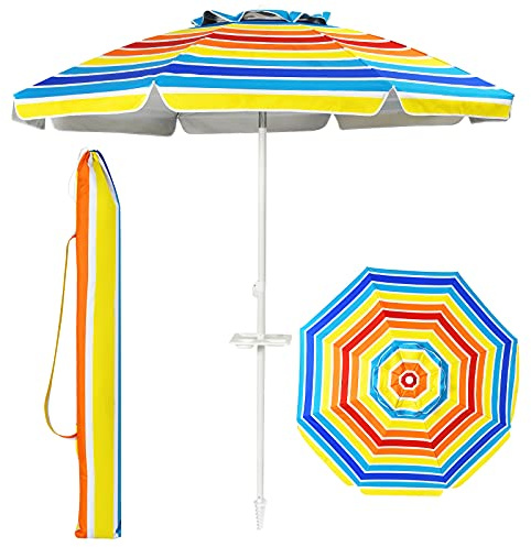 GYMAX Ombrellone da Spiaggia Inclinabile, Protezione Solare 50UV+, Ombrello Portatile con Borsa, a 8 Stecche, Ideale per Spiaggia, Campeggio, Eventi Esterni (Colorato, 200CM)