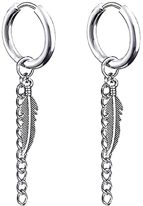 Zeayebsr Acciaio Inossidabile Orecchini Set Pendenti Uomo Orecchini a Cerchio Bottone Piuma Catena Pendenti Punk Orecchino Argento（1 Paia）