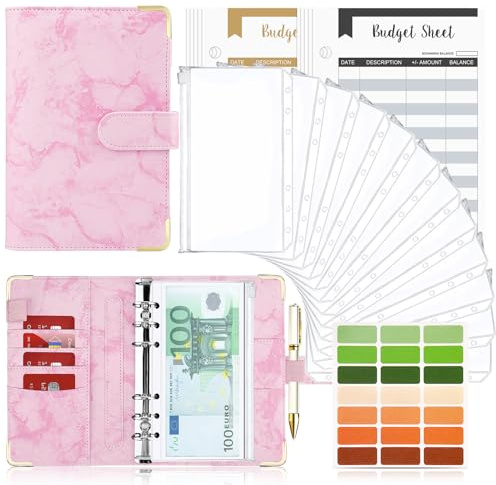 Anteckningsbok A6, TAOPE 26 delar, PU-läder, lösblad, påfyllningsbar, plastfickor med 6 hål, ringpärm och mjuk PVC-ficka med dragkedja, för kontanter/budget/sparande/ bankkort – röd marmor
