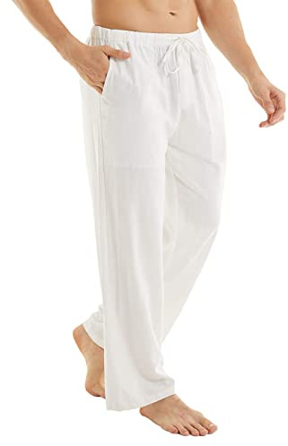 YuKaiChen White Linen Trousers Mens Cotton Casual Beach Lightweight Loose Fit Natural Yoga Pants with Elastic Waistband