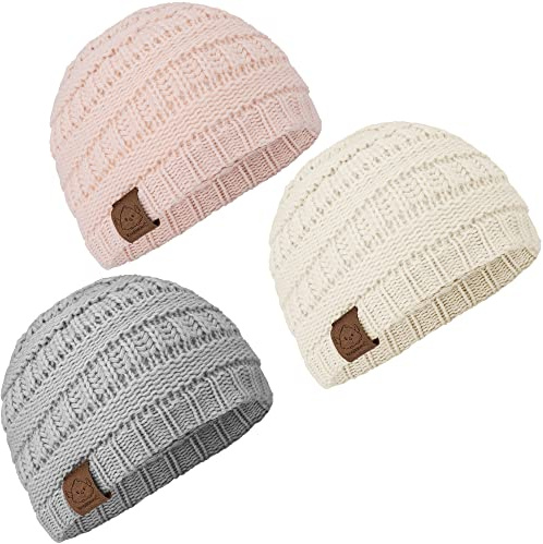 KeaBabies Gorro De Invierno para Bebé, Paquete De 3 Manoplas De Gorro De Punto Suave para Niños, Niñas, Gorro De Invierno para Bebés Y Niñas, Gorro De Invierno para Bebés, De 0-6 Meses (Sweet Pea, S)