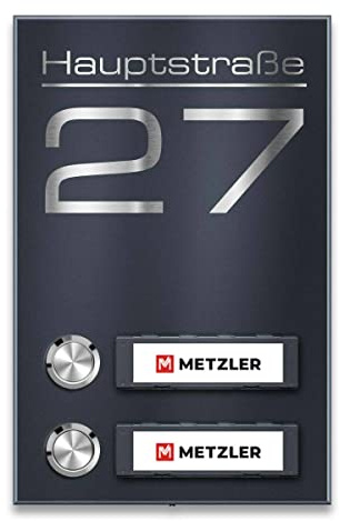 Metzler Aufputz Funkklingel für Zweifamilienhäuser in Anthrazit - V2A Edelstahl - Austauschbare Namensschilder - Pulverbeschichtet in RAL 7016 Feinstruktur matt - 2-Fach | Tara M2