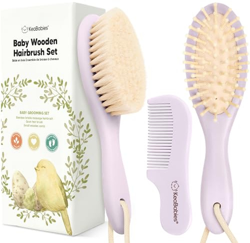 Baby hårborste & babykam set – borste med mjuka getborst, trä babyhårborstar och babykam-set, babyborste nyfödda, småbarn, spädbarnshårborste, vaggmössa (oval, tjock)