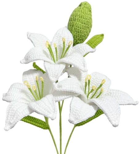 Emivery Crochet Flowers, 3PCS Handmade Crochet Artificial Lily Flowers White Lily Fake Flowers Knitted Bouquet for Home Wedding Decor Flower Gift