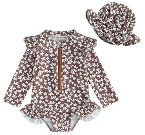 HodJIU Combinaison Maillot de Bain Bébé Fille Anti-UV à Manches Longues Imprimé Costume de Bain pour Piscine Natation Plage + Chapeau de Soleil (Brun Floral, 6-9 Mois)