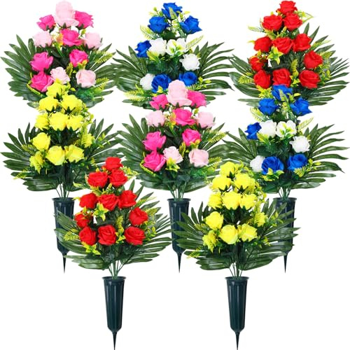 Yuxung 8 Sets Artificial Cemetery Flowers with Grave Vase Memorial Rose Bouquet Artificial Silk Cemetery Flower Arrangement with Vase for Graveyard Gravestone Headstone Decor Outdoor