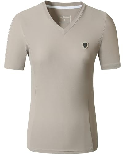 Covalliero – T-shirt för kvinnor, kortärmad tröja med V-ringning, ridtröja av pikétyg, ventilerande och figursydd, sportskjorta, ridkläder i många färger och storlekar, Beige, L