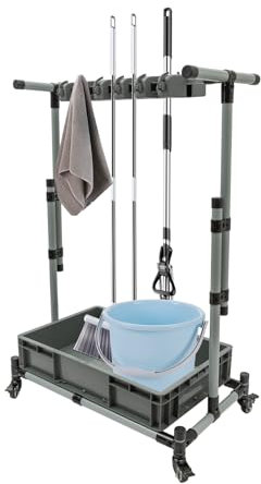 Supporto per scopa rimovibile per dispositivi di pulizia, altezza 75 – 125 cm, carrello di pulizia mobile, autoportante, porta attrezzi da giardino, scopa fino a 100 kg