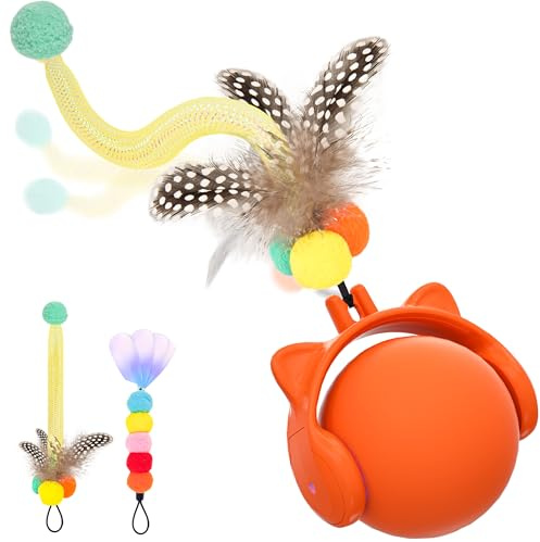 GoldenSun Katzenspielzeug, Automatisch Rollender Ball mit Federschwanz für Hauskatzen, Bewegungsaktiviertes Springendes und Zwitscherndes Katzenballspielzeug, 3 LED-Lichtmodi, Wiederaufladbar über USB