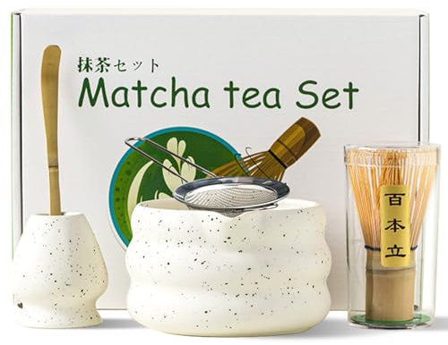 NAYAHOSE Matcha Set, 5 Stück Matcha Tea Set, Matcha Besen Set, Matcha Kit Mit Matcha-Schale, Matcha-Bambusbesen, Matcha-Besenständer, Sieb, Chasen, Geschenkset für die Traditionelle Matcha (Weiß)