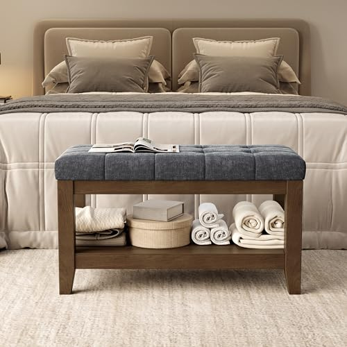 ABHENG Solid Rubber Wood Shoe Bench, Soft Chenille Material Upholstered Seat, 770LB Load Capacity, Multi-Storage for Entryway/Bedroom/Living Room, Vintage Style, 31.5x15.7x17.7, Dark Gray,UASND66G
