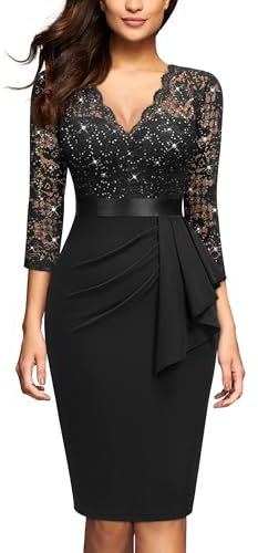 MIUSOL Women's Vintage Lace V-Neck 3/4 Sleeves Cocktail Party Formal Wedding Guest Work Bodycon Dress (Small, Sequins Version - Black)