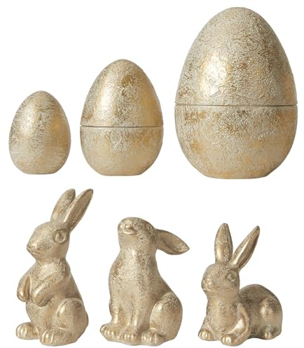 DN DECONATION 6 decorazioni pasquali con 3 conigli e 3 uova di Pasqua nidificanti, piccole statuette di coniglietti pasquali dorati, decorazione da tavolo primaverile, statue di uova di coniglietto