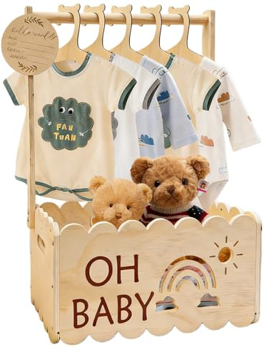 Cadeau de fête prénatale en bois avec poignée - Panier de rangement pour bébé - Panier cadeau en bois pour nouveau-né - Pour nouveau-né - Idéal pour les couches, les vêtements et les jouets (couleur