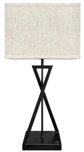 Modern Table Lamp Black Metal Tripod Base, Linen Fabric Square Shade, E27 Socket, Contemporary Design for Living Room, Bedroom T518