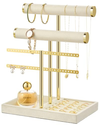 Josmimic Organizador de joyas con 3 niveles – Grande Beige Soporte para joyas pulseras de terciopelo para pulsera, collar, relojes, anillos