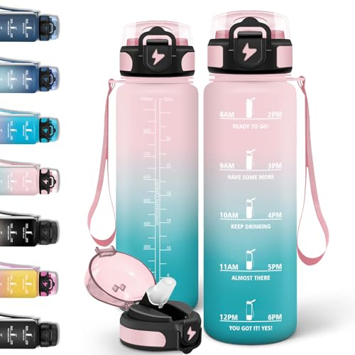 Motswedi Borraccia 1l, con Cannuccia, Borraccia Palestra, a Prova di Perdite, Bottiglia acqua, Con Marca Temporale, Bottiglia Acqua per Campo da Tennis, Ufficio, Campeggio, Bicicletta - Rosa&Ciano