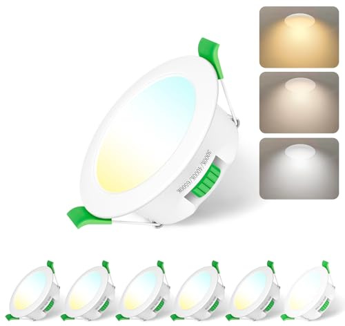 Jaenmsa LED Downlights for Ceiling, 7W 400lm Dimmable Spotlights, IP44 Bathroom Downlights, Slim Recessed Spot Lights, Warm White 3000K, Neutral White 4000K, Cool White 6500K, Cutout 65-75mm, 6 Pack