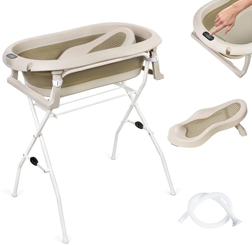 Moovkee. Babybadkar med ram 80 cm – Beige babybadkar vikbart med termometer, badstol och avloppssystem – Säkerhet för ditt nyfödda