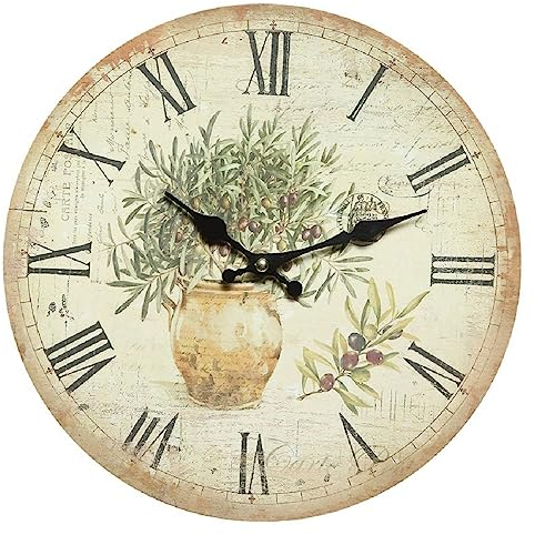 Nostalgie Wanduhr, Küchenuhr mit Olivenzweigen, Vintage Wanduhr, Oliven Uhr