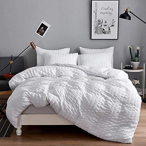 Seersucker - Funda de edredón con Fundas de Almohada, 100% algodón, 200 Hilos, Color Blanco, Plateado, carbón, Rosa, Juegos de Cama Gris, tamaño Doble, King y Super King (Blanco, Doble)