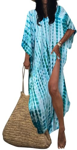 Bsubseach Donne Beach Kaftan Abiti Stripe Print Plus Size Costume da Bagno Cover Up Caftan Loungewear Dress Blu Verde