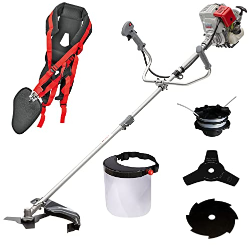 IKRA Benzin Freischneider Trimmer IBF 31-4, inkl. Fadenspule, 2X Dickichtmesser, Profi-Schultergurt & Schutzschild