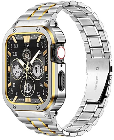 MioHHR Stainless Steel Watch Band with Case Compatible for Apple Watch Bands 42/44 mm,Rugged Strap with Metal Protective Bumper Cover for iWatch Series 6/5/4/SE/3/2/1 for Men(Silver/Gold)
