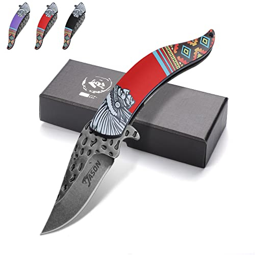 JASON Couteau de poche pliant rouge avec lame forgée Couteau de chasse aiguisé de style indien pour le camping Aventure Chasse avec boîte cadeau