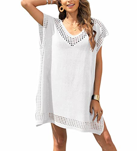 Codkkre Cache Maillot de Bain Femme Robe de Plage Crochet Sarongs en Crochet Été Plage Couvrir Sexy V-Cou Bikini Cover Up Bohème Beachwear, Blanc