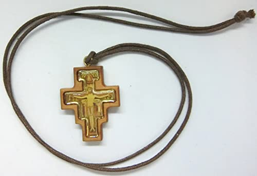 collana con croce di san damiano in legno di ulivo con laccio 4 cm