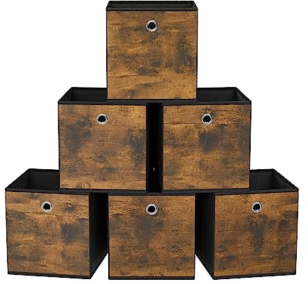 SONGMICS Storage Cubes, Set of 6 Storage Bins with Handles, Foldable Oxford Fabric and Non-Woven Fabric Storage Boxes, 13x13x13 Inches, Fit Cube Storage Unit, Rustic Brown URFB133B01