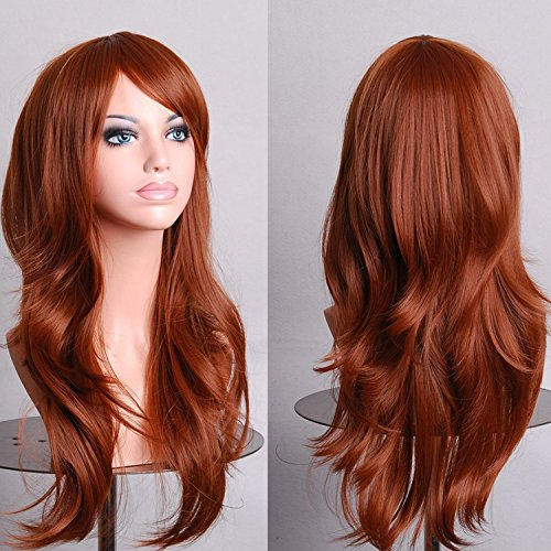 YEESHEDO Women's Auburn Cosplay Wig Long Wavy Curly Hair Ends with Bangs Wigs for Women Heat Resistant Synthetic Wig for Party Costume Anime Halloween (Copper red)28 70 cm