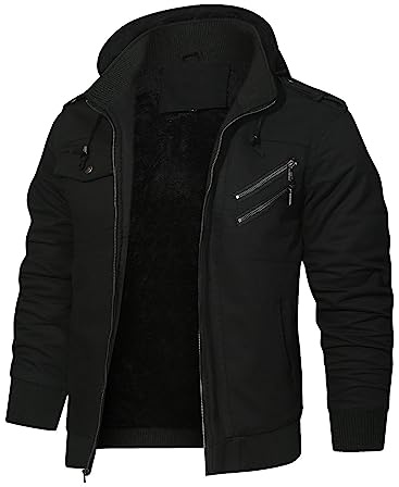 HOOD CREW Chaquetas de hombre Invierno Grueso Forro Polar Ropa Exterior Táctica Militar Cargo Chaqueta con Capucha, Negro , S