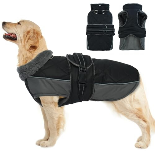 Katzinst Hundemantel, Hunde Wintermantel mit Reflektierenden Streifen, wasserdichte Hundemantel für Mittelgroße und Große Hunde, Warmer Mantel für Deutsche Dogge,Schwarz,3XL