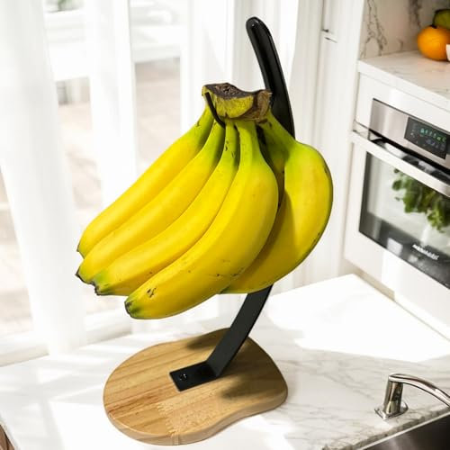 BetLight Banana Holder-Modern Banana Stand with Wooden Base and Metal Hook, Kitchen Counter Fruit Hanger, Black