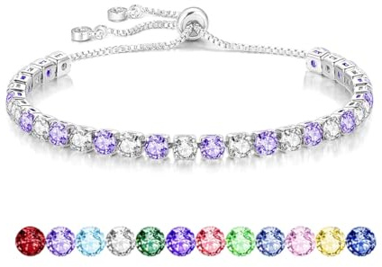 Mieoyue S925 Silver Bracelet for Women Adjustable Slider Crystal Tennis Bracelet Birthstone Jewellery Birthday Gifts (February)