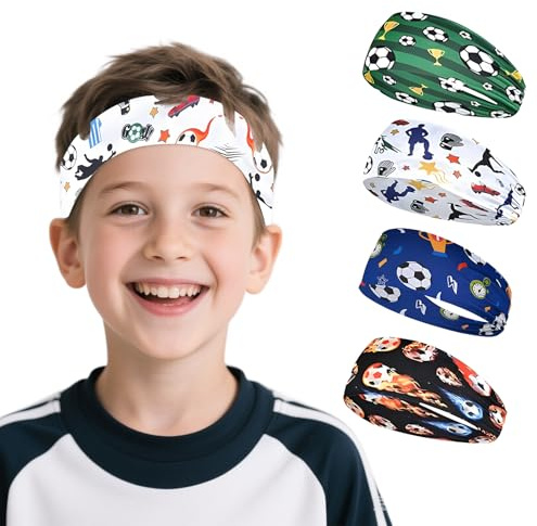 Stirnband Kinder, 4 Stück Fußball Kinder Stirnband Baby Junge, Dünnes, Ultraleichtes und Elastisches Haarband Junge, Sportstirnband für Laufen Fußball Radfahren
