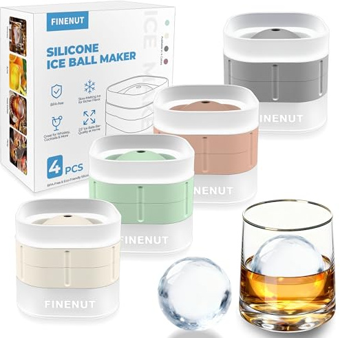 FINENUT Silicone Ice Ball Mold with Lid, 4 Pack – 2.5 Inch Large Sphere Round Ice Maker, Easy Release BPA-Free Silicone Trays for Whiskey & Cocktails, Home Bars & Freezer (Multicolor-Premium)