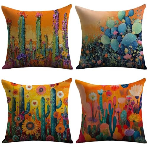 Cuscini Esterno Impermeabili Cactus Federe Cuscini Divano 70x70 Set di 4 Copricuscini Divano Arancione Fodere cuscino con Cerniera Invisibile per Soggiorno Esterno Giardino Autunno Decorativi JL-318