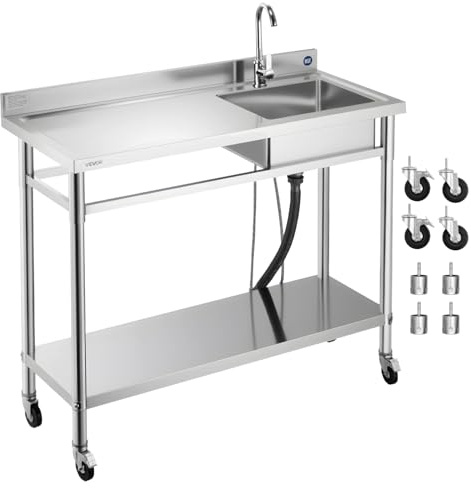 VEVOR Stainless Steel Utility Sink, Rolling Single Bowl Commercial Kitchen Sink with Wheels,Faucet and Hot & Cold Water Pipe,Utility Basin Workbench for Garage Restaurant Laundry 47.2 x 19.7 x 41.5 in