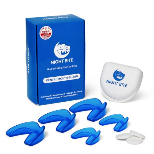 Night Bite® Mouth Guard for Teeth Grinding & Clenching – MHRA Registered Dental Night Guard for Bruxism, TMJ & Jaw Pain Relief – Boil & Bite – 5 Pack, Retainer Case & 18 Cleaning Tablets Included