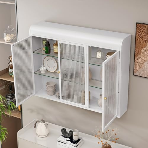 ZKLOEP Armarios de pared de cristal arqueados de 3 puertas para cocina, sala de estar y baño (blanco)