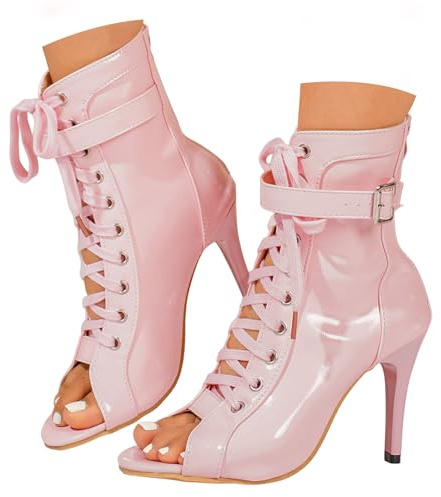 Women's Peep-Toe Sandals Stiletto High Heels Summer Booties Fashion Lace Up Buckle Strap High Top Wedding Party Dress Pumps Leather Sandals for Ladies Ankle Boots with Back Zipper(Pink,8)