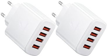 2-pack USB-laddare, 4-port USB-A-kontakt 5 V strömadapter för mobiltelefoner, EU-kontakt, strömadapter, eluttag för lPhone 14 Plus Pro Max/13/12/11/SE/XR/XS/8/7/6, smartklocka