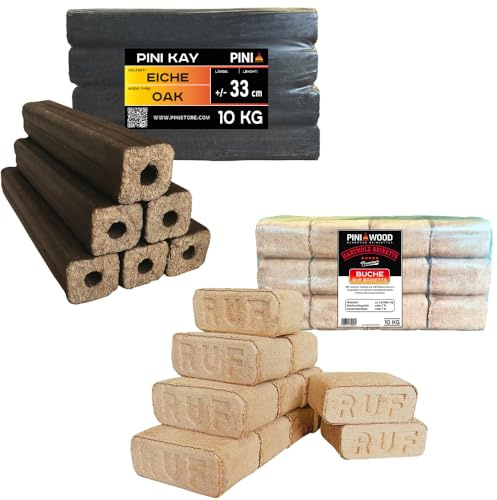 PINI Bricchette di legno di faggio 100% RUF, per camino, forno, barbecue, braciere, legna da ardere, 10 kg + bricchette di legno di quercia PINI Kay, lunghe 33 cm, quadrate, con foro di trazione, 10