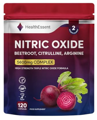 HealthEssent Beetroot 5600mg High Strength Nitric Oxide Booster 120 Vegan | Triple Complex with 5000mg Beetroot, 400mg L-Citrulline, 150mg L-Arginine, Vitamin C & Black Pepper for Men & Women